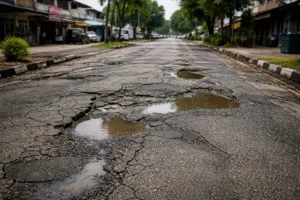 Damaged asphalt road showing potholes and surface cracks