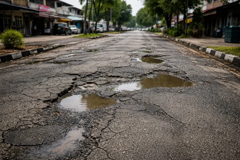 Damaged asphalt road showing potholes and surface cracks