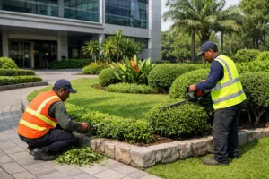 Workers maintaining landscaped area outside a commercial building