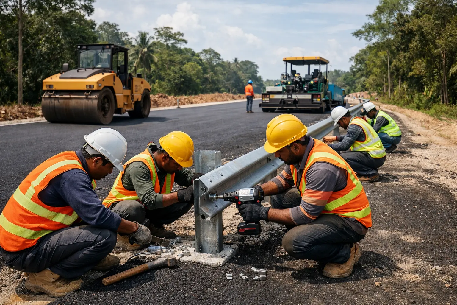 Workers installing roadside guardrails during road infrastructure construction