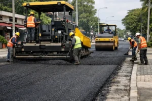 Asphalt resurfacing work with paving machine and road roller