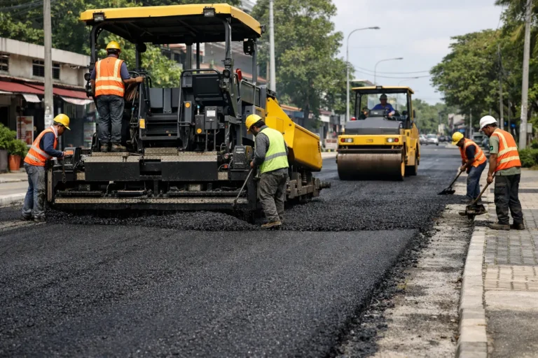 Asphalt resurfacing work with paving machine and road roller