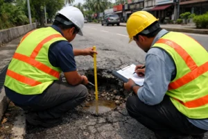 Engineers inspecting pothole damage on an urban road
