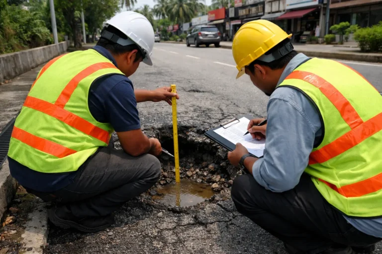 Engineers inspecting pothole damage on an urban road