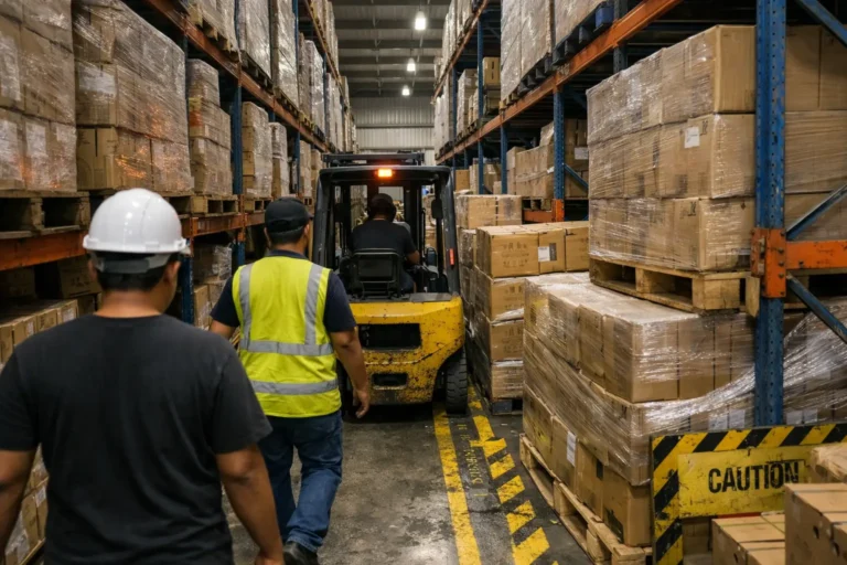 Warehouse layout with narrow forklift aisle creating potential safety risk
