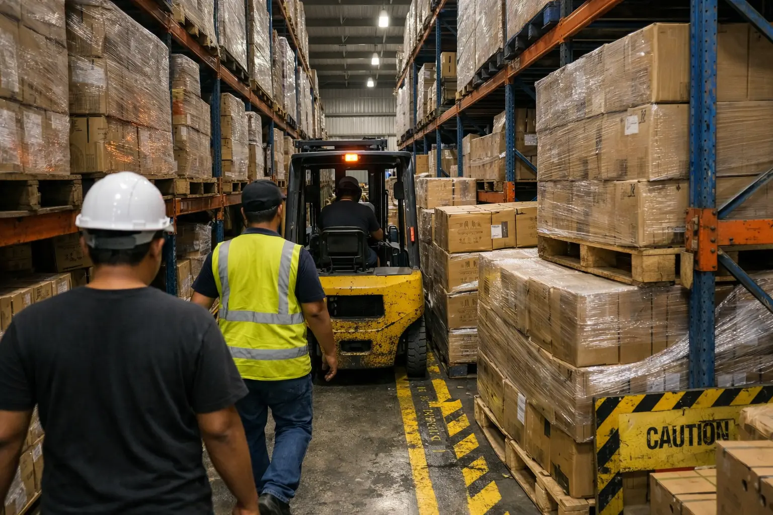 Warehouse layout with narrow forklift aisle creating potential safety risk
