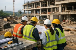 Construction team reviewing project plans at a building construction site