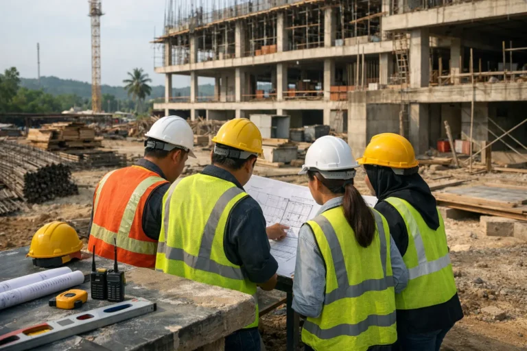 Construction team reviewing project plans at a building construction site