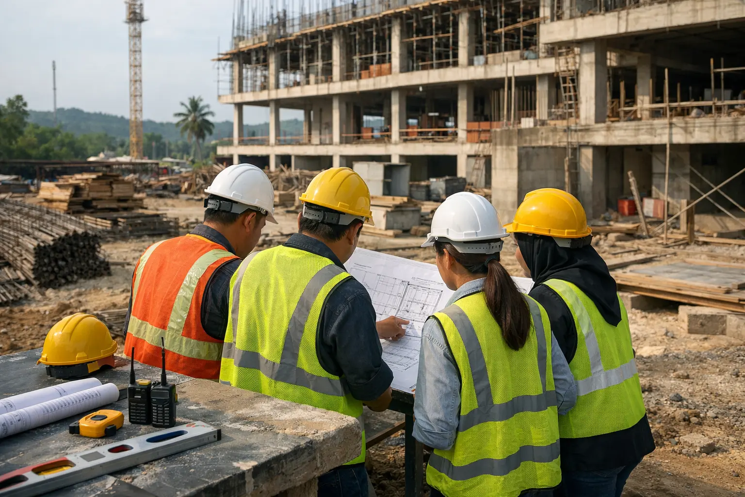 Construction team reviewing project plans at a building construction site