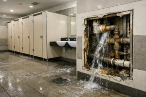 Public restroom showing plumbing problems with leaking pipe