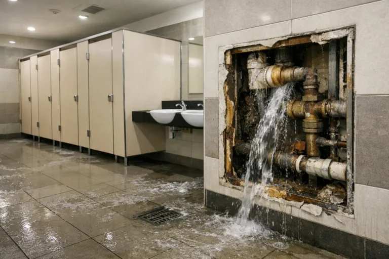 Public restroom showing plumbing problems with leaking pipe